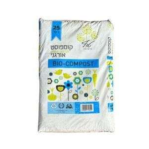 שק קומפוסט 25 ליטר, דשן אורגני המעשיר את הקרקע ומספק חומרים מזינים לצמחים, אידיאלי לשיפור איכות האדמה בגינה